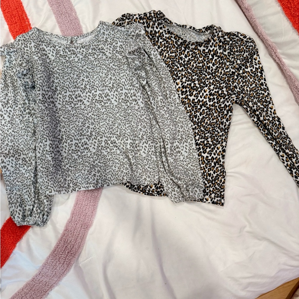 Leopard Print Long Sleeve Tops - Black and Gray